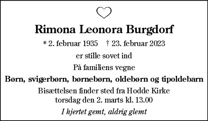 Dødsannonce for Rimona Leonora Burgdorf