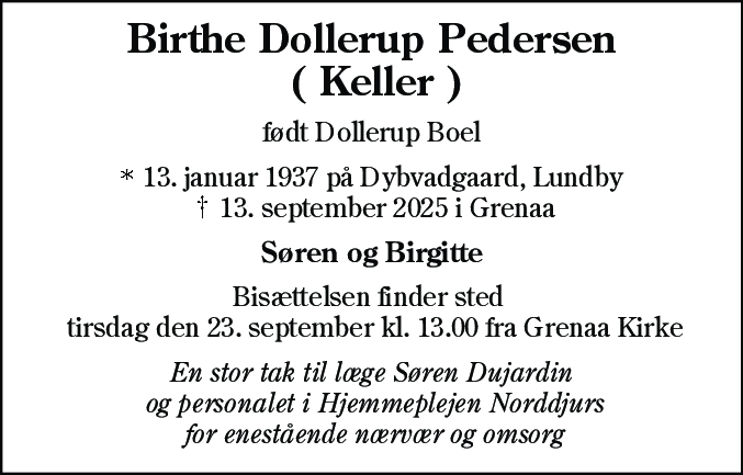 Dødsannonce for Birthe Dollerup Pedersen