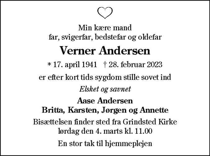 Dødsannonce for Verner Andersen