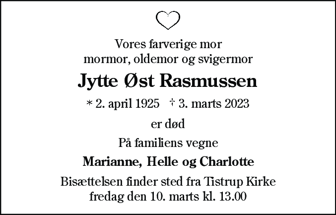 Dødsannonce for Jytte Øst Rasmussen