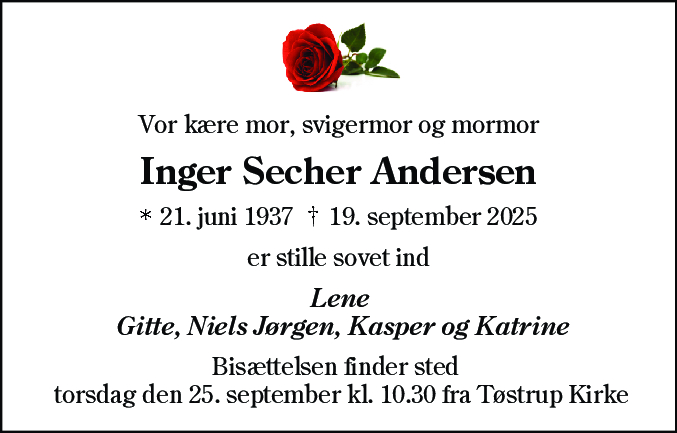 Dødsannonce for Inger Lise Secher Andersen