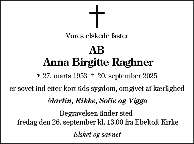 Dødsannonce for Anna Birgitte Raghner