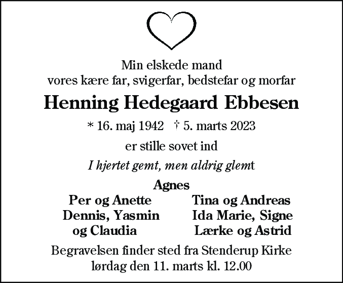 Dødsannonce for Henning Hedegaard Ebbesen