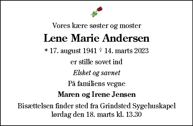 Dødsannonce for Lene Marie Andersen