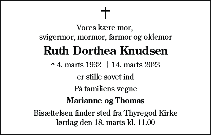 Dødsannonce for Ruth Dorthea Knudsen