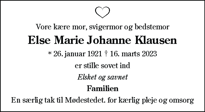 Dødsannonce for Else Marie Johanne Klausen