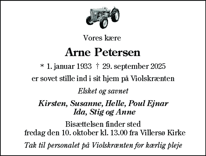 Dødsannonce for Arne Petersen