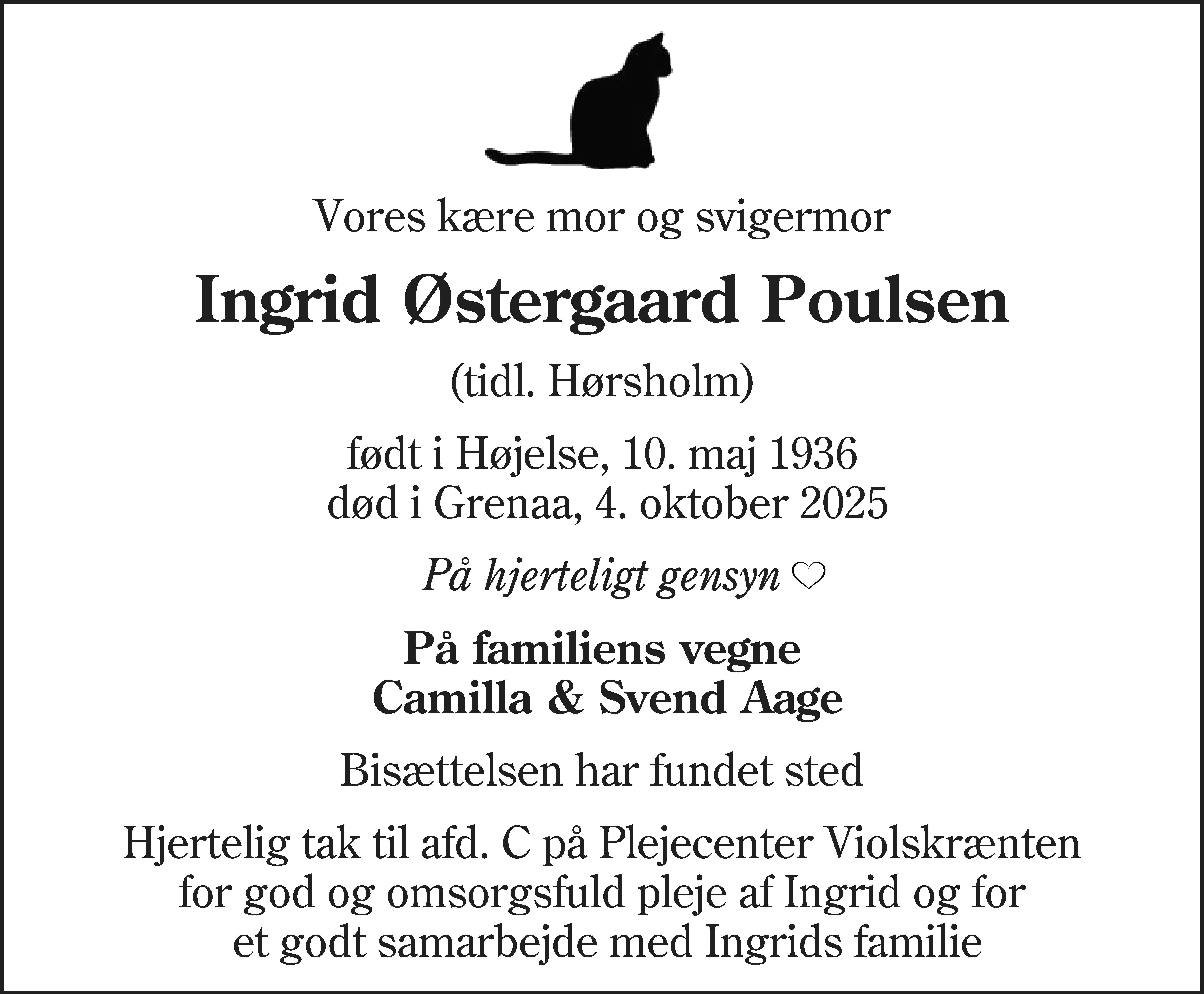 Dødsannonce for Ingrid Østergaard Poulsen