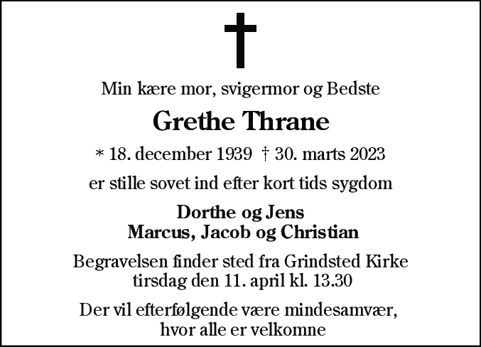 Dødsannonce for Grethe Thrane