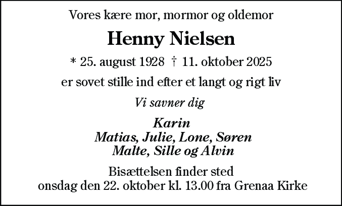 Dødsannonce for Henny Nielsen