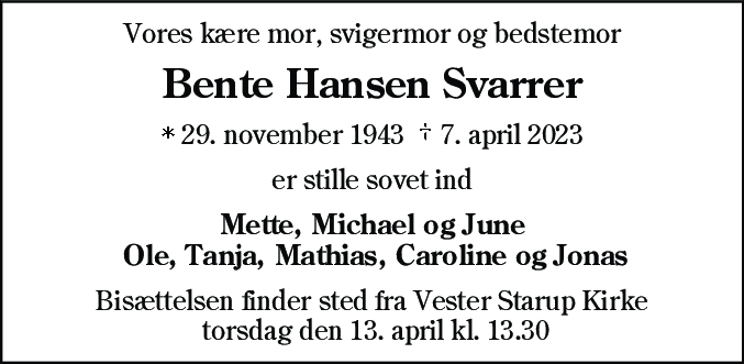 Dødsannonce for Bente Hansen Svarrer