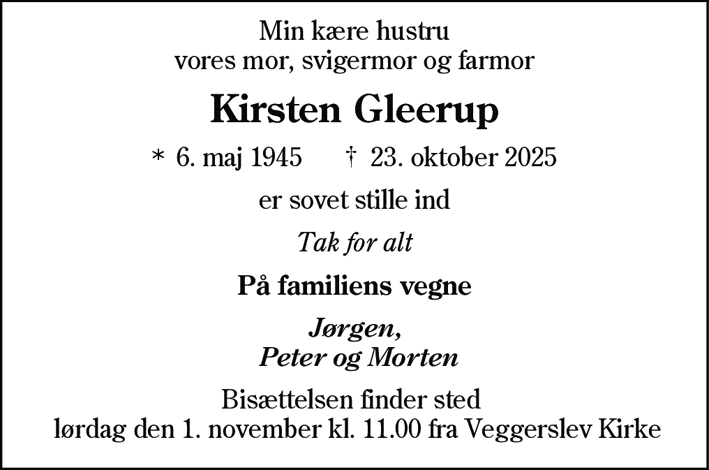 Dødsannonce for Kirsten Gleerup