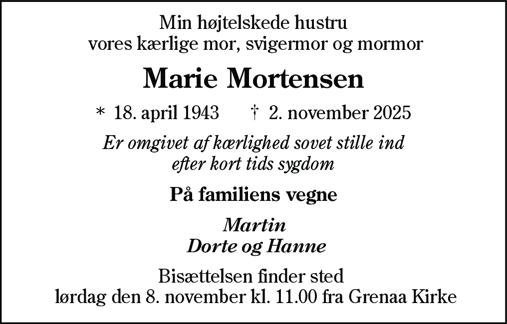 Dødsannonce for Marie Mortensen