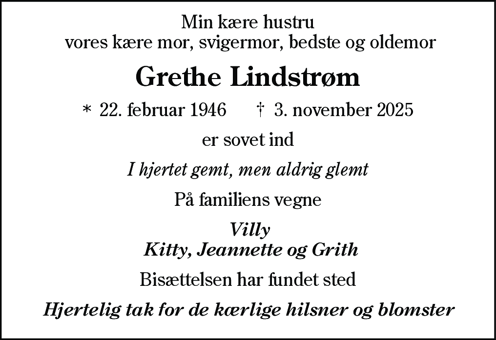 Dødsannonce for Grethe Lindstrøm