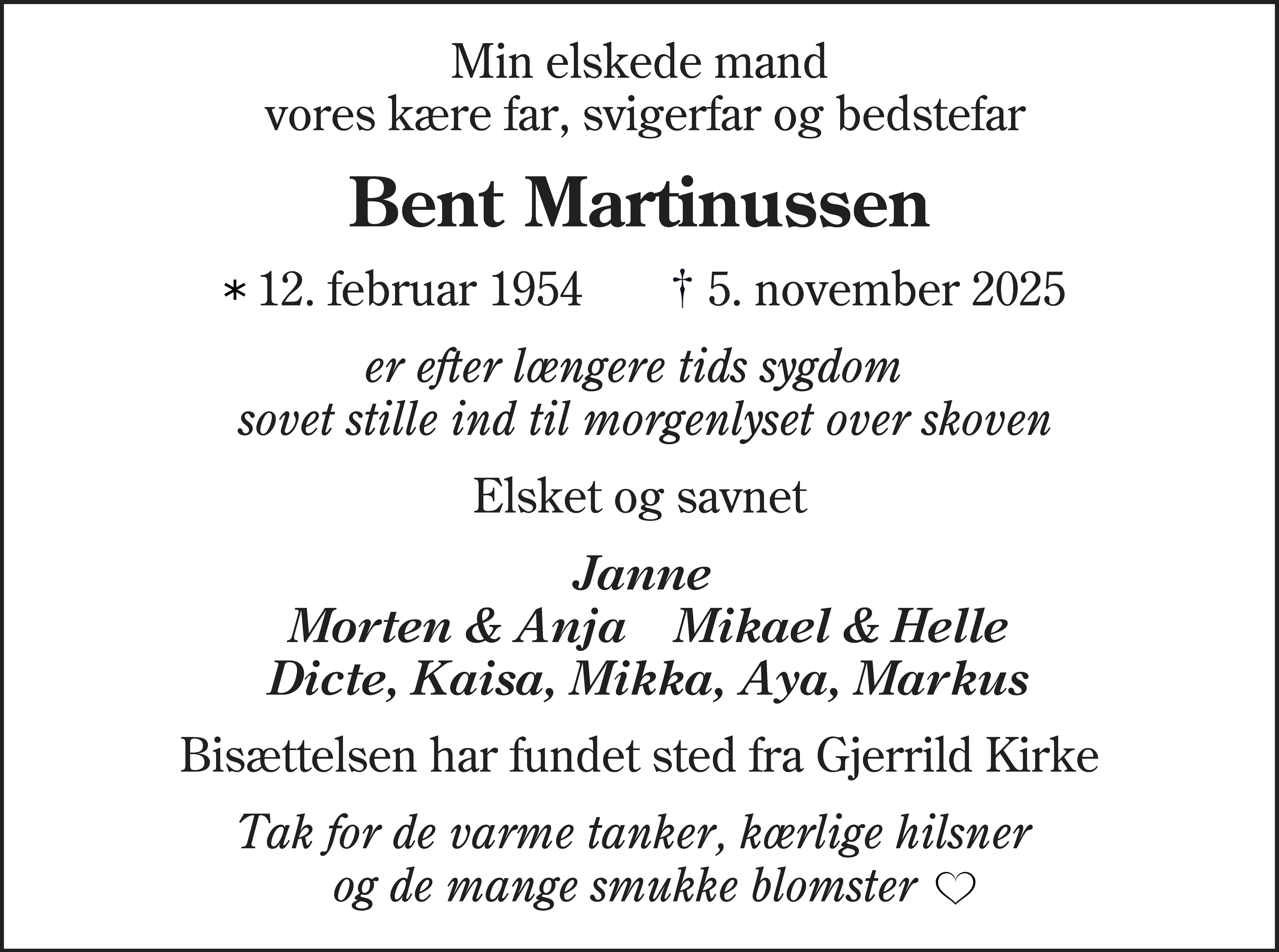 Dødsannonce for Bent Martinussen