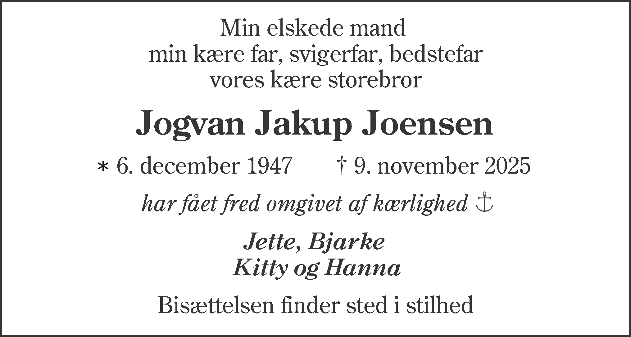 Dødsannonce for Jogvan Jakup Joensen