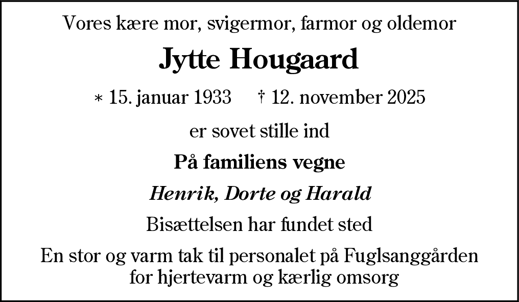 Dødsannonce for Jytte Gudrun Hougaard