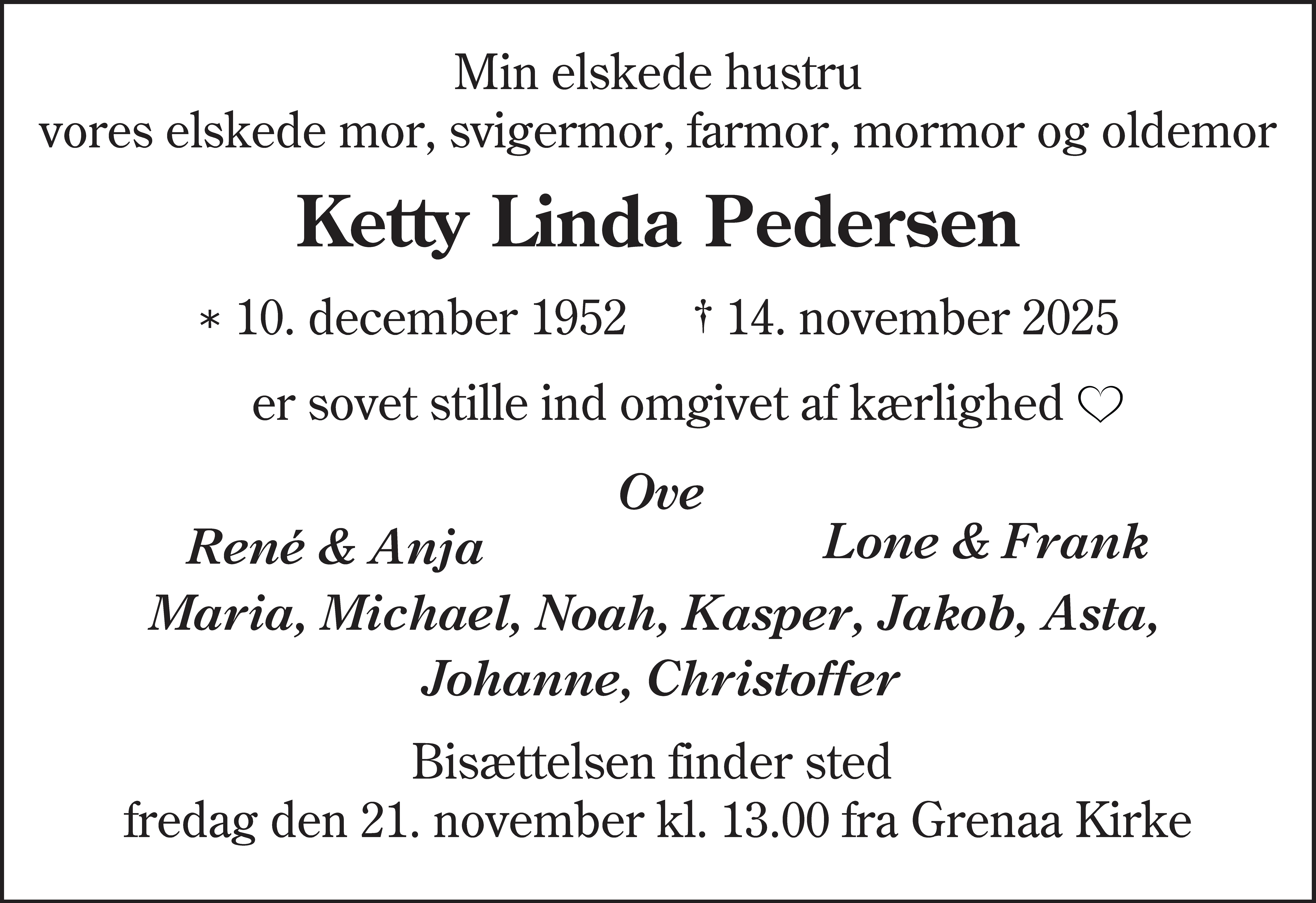 Dødsannonce for Ketty Linda Pedersen