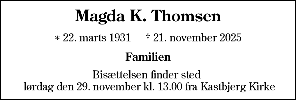 Dødsannonce for Magda Kathrine Thomsen