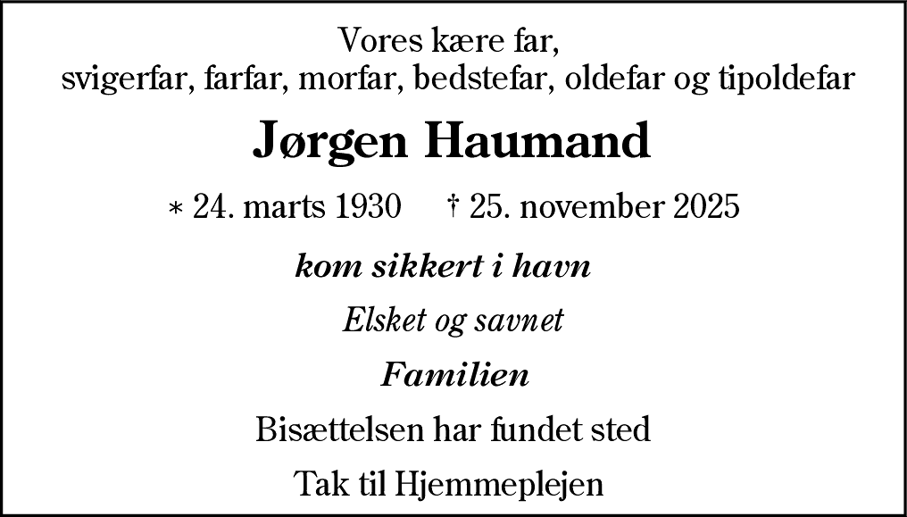 Dødsannonce for Jørgen Jensen Haumand