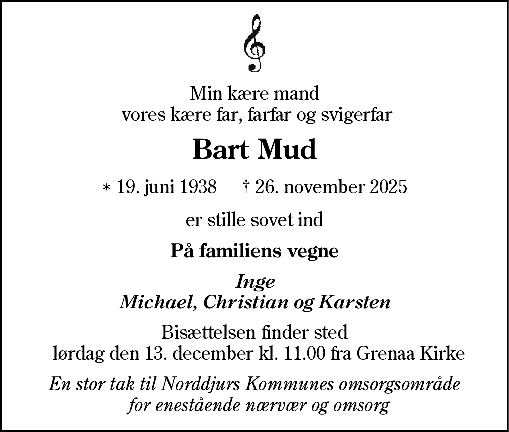 Dødsannonce for Bareld Mud
