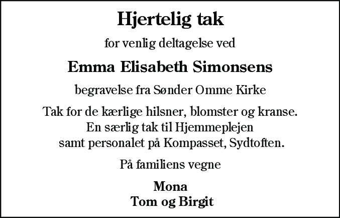 Dødsannonce for Emma Elisabeth Simonsen