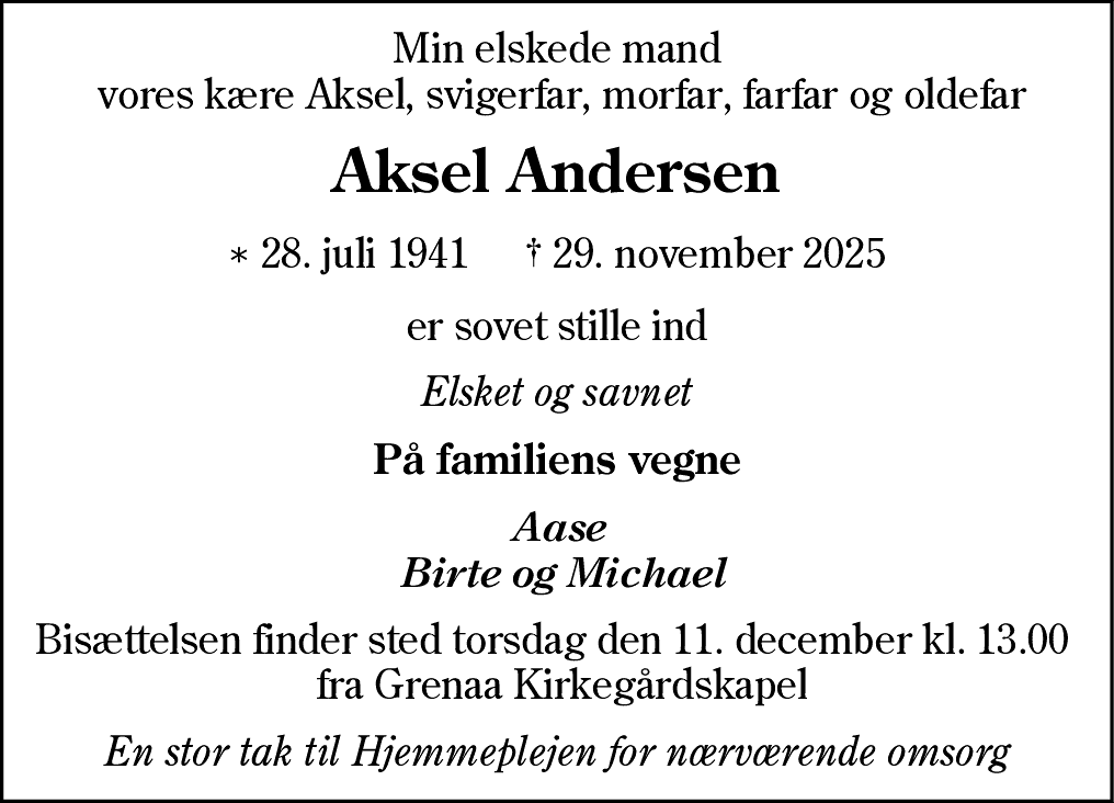 Dødsannonce for Aksel Andersen