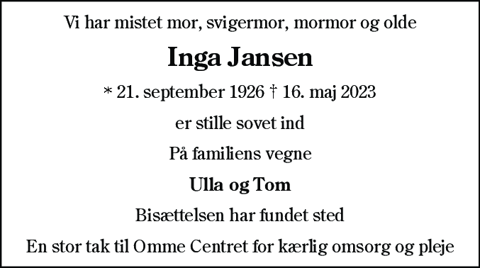Dødsannonce for Inga Jansen