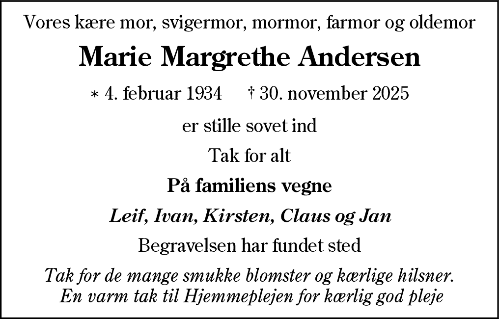 Dødsannonce for Marie Margrethe Andersen