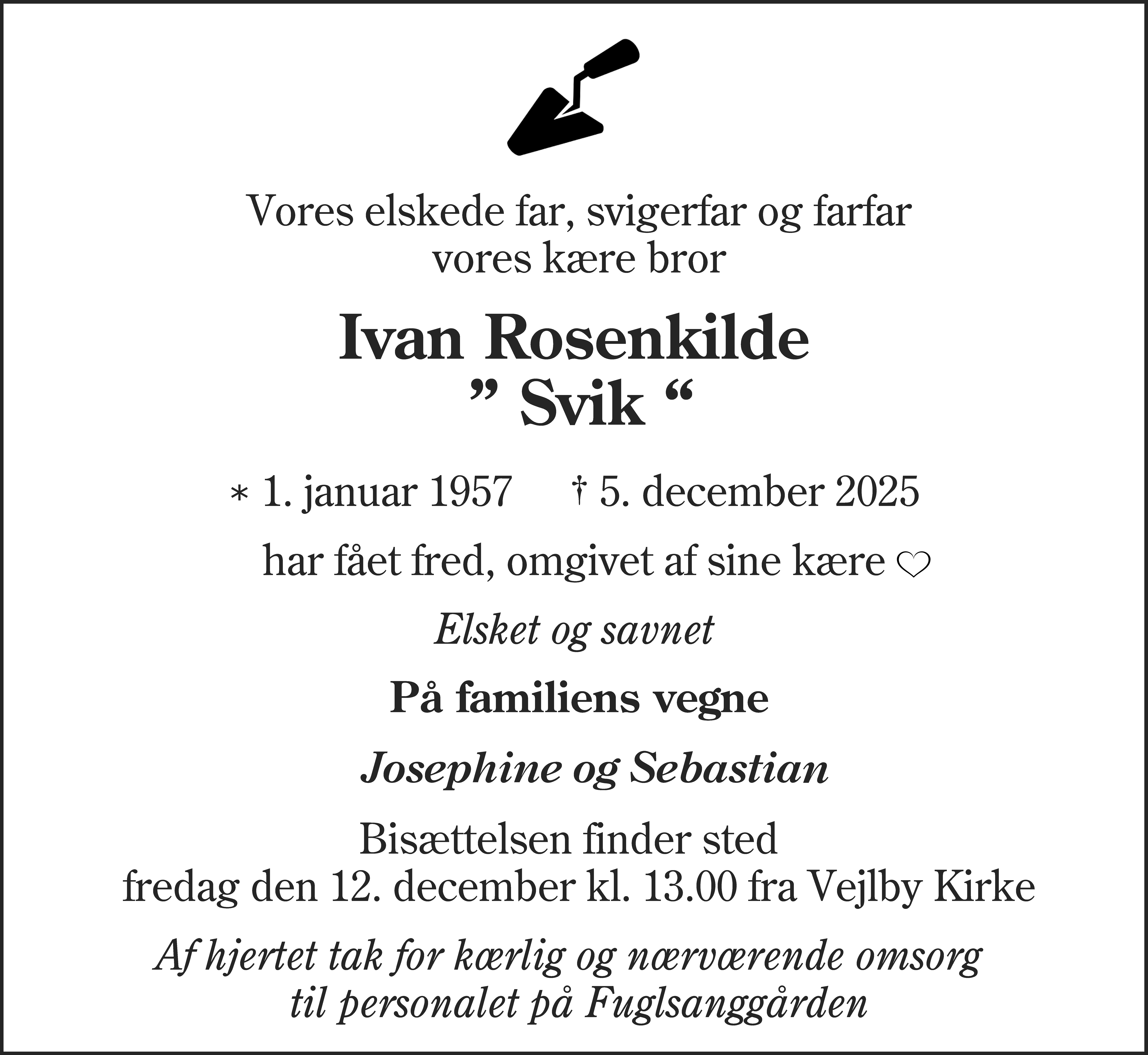Dødsannonce for Ivan Rosenkilde