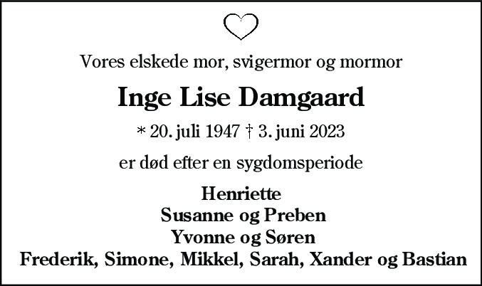 Dødsannonce for Inge Lise Damgaard