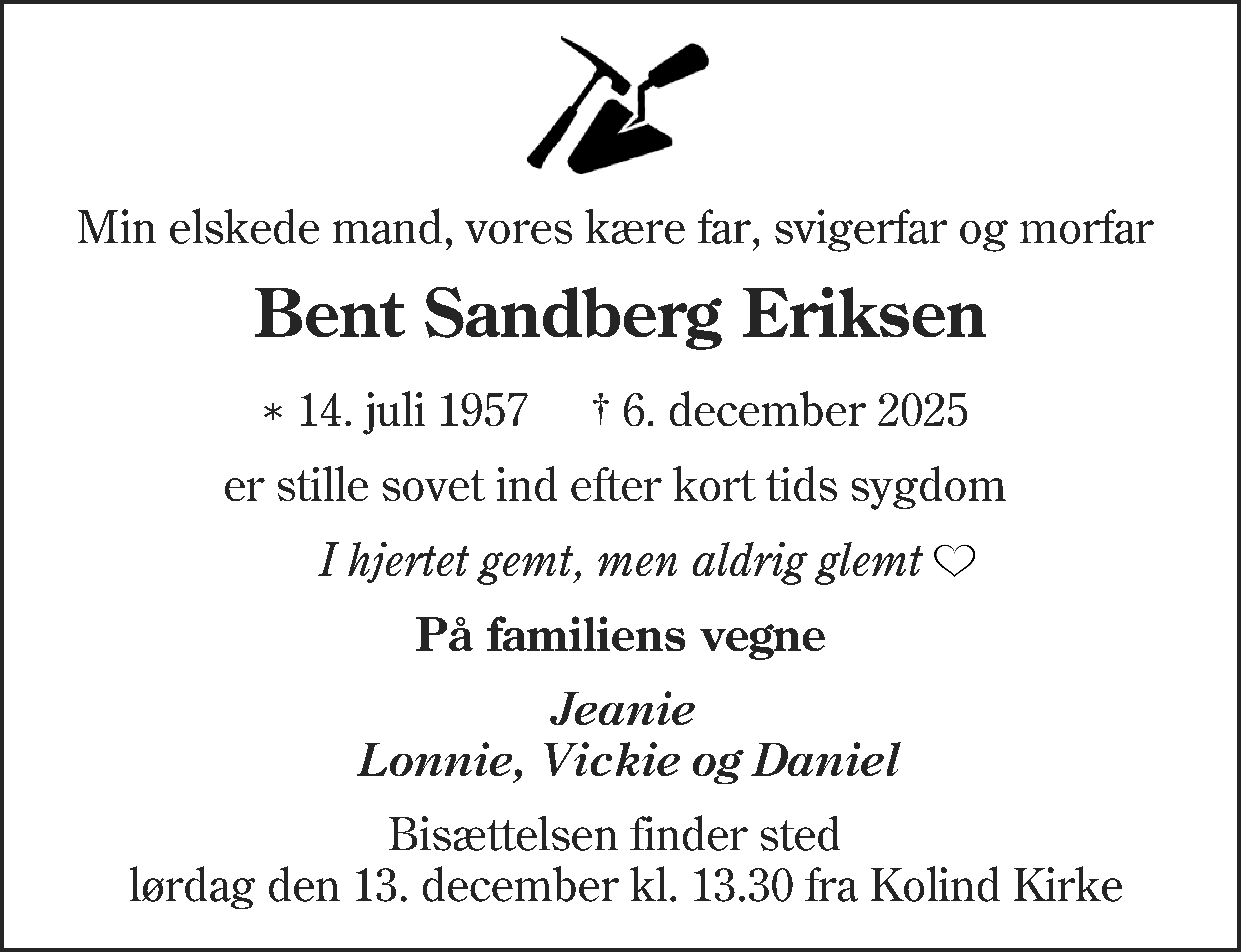 Dødsannonce for Bent Sandberg Eriksen