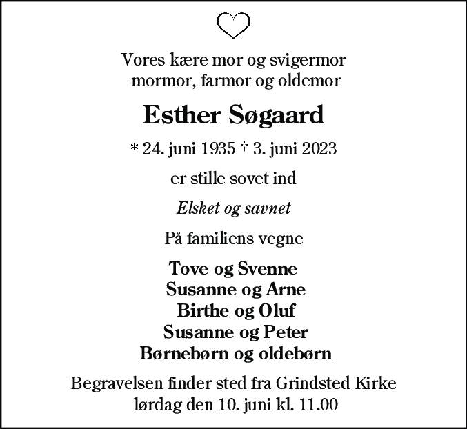 Dødsannonce for Esther Søgaard