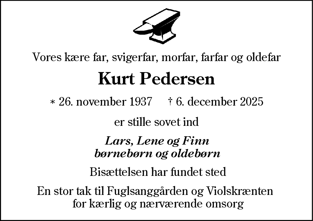 Dødsannonce for Kurt Pedersen