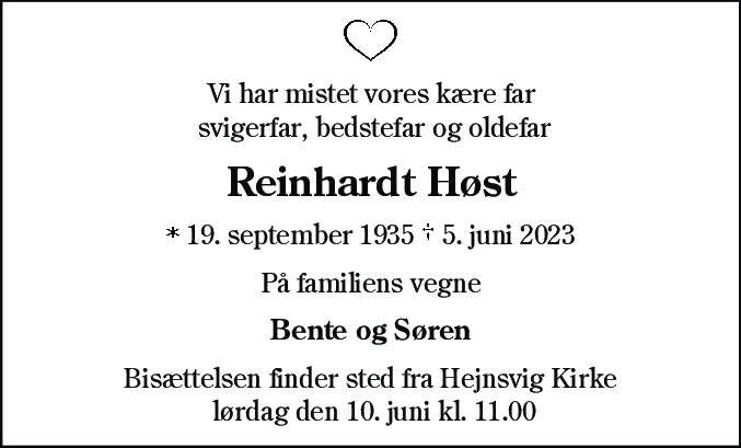 Dødsannonce for Reinhardt Høst