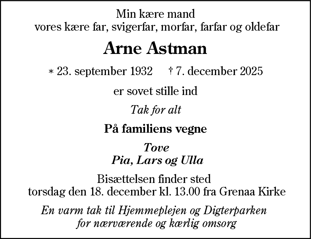 Dødsannonce for Arne Astman