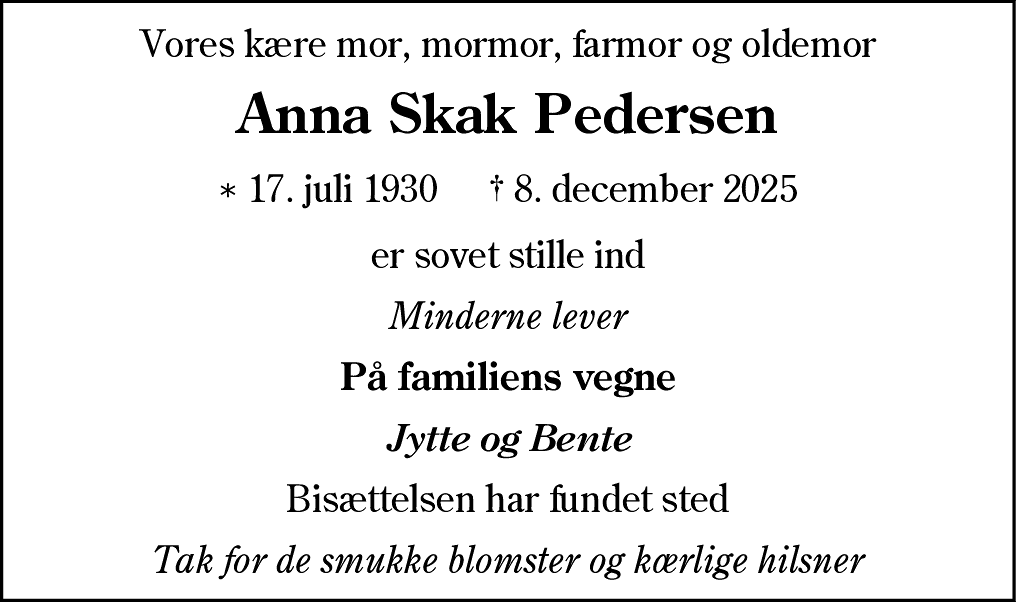 Dødsannonce for Anna Marie Pedersen