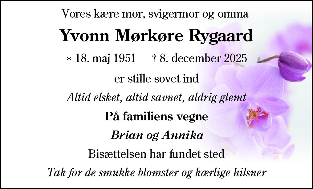 Dødsannonce for Yvonn Mørkøre Rygaard