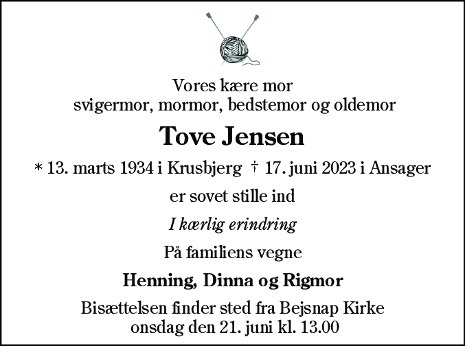 Dødsannonce for Tove Jensen