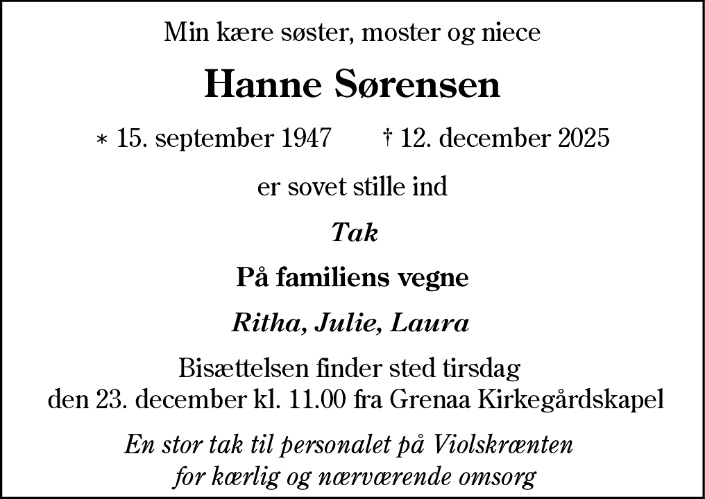 Dødsannonce for Hanne Sørensen