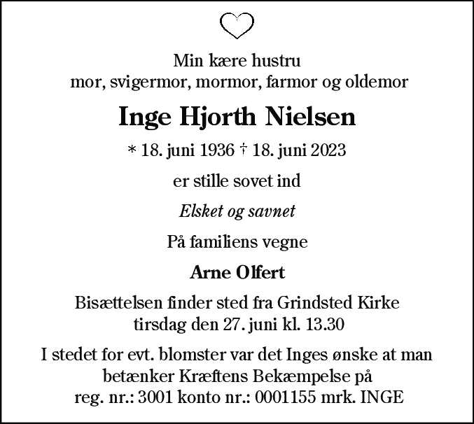 Dødsannonce for Inge Hjorth Nielsen