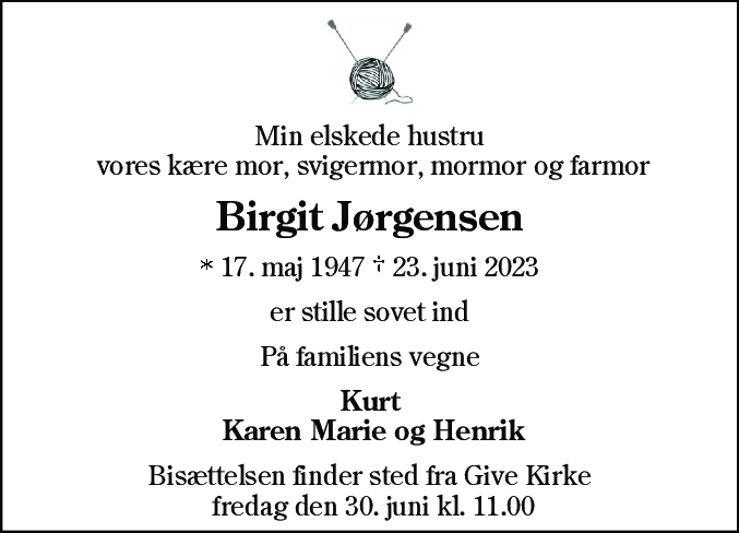 Dødsannonce for Birgit Jørgensen