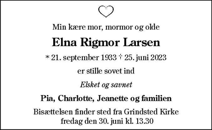 Dødsannonce for Elna Rigmor Larsen