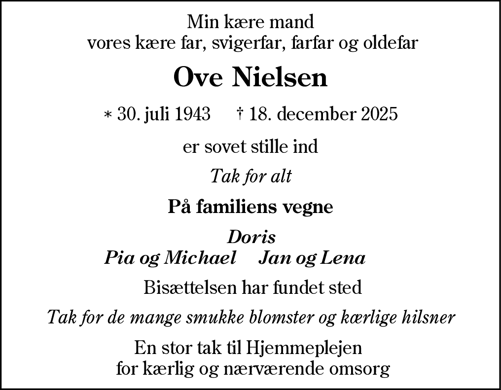 Dødsannonce for Ove Nielsen