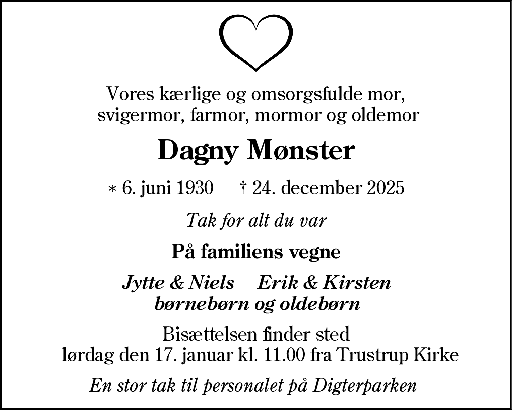 Dødsannonce for Dagny Jelva Mønster