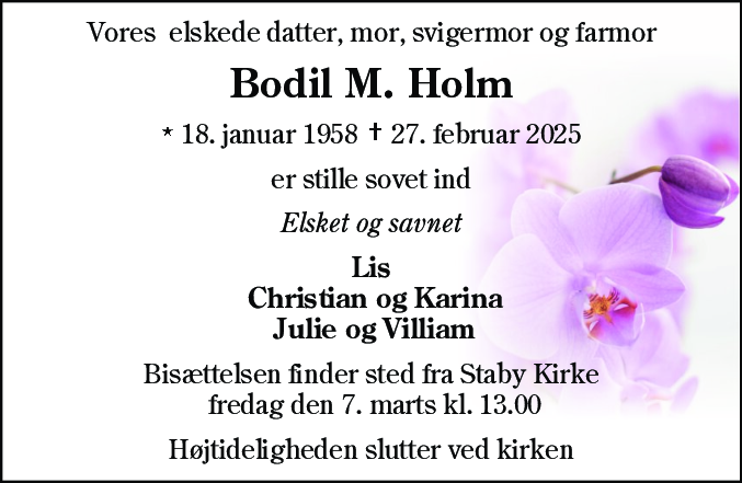 Dødsannonce for Bodil M. Holm