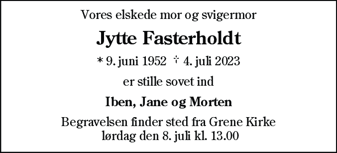 Dødsannonce for Jytte Fasterholdt