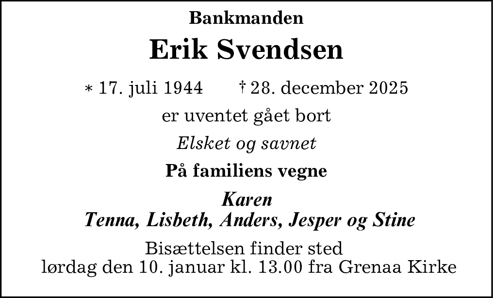 Dødsannonce for Erik Svendsen