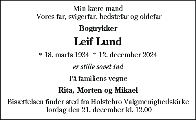 Dødsannonce for Leif Lund