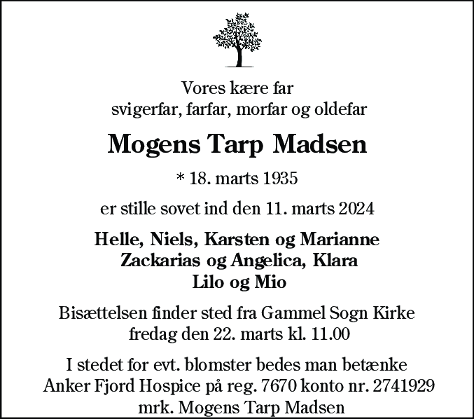 Dødsannonce for Mogens Tarp Madsen